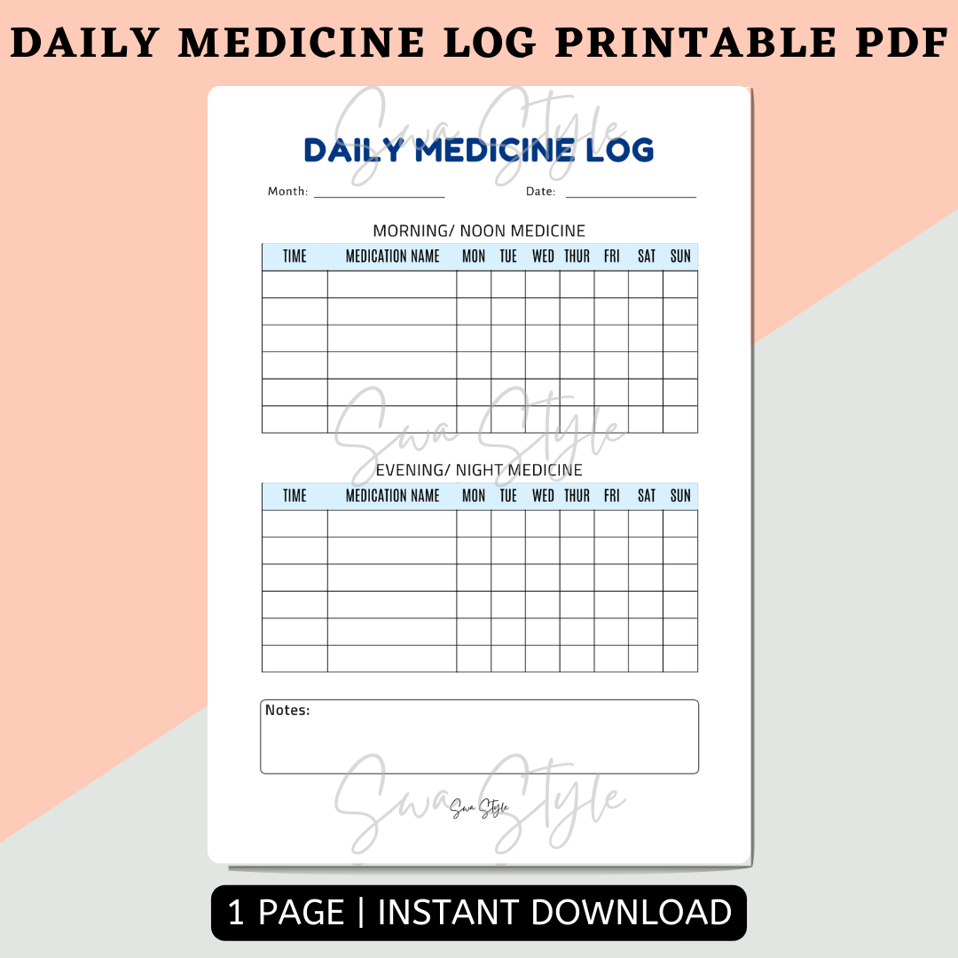 Daily Medicine Log Printable PDF (A4 Size)