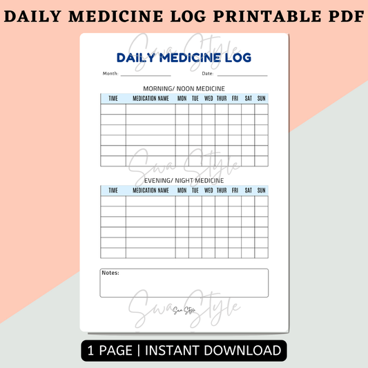 Daily Medicine Log Printable PDF (A4 Size)