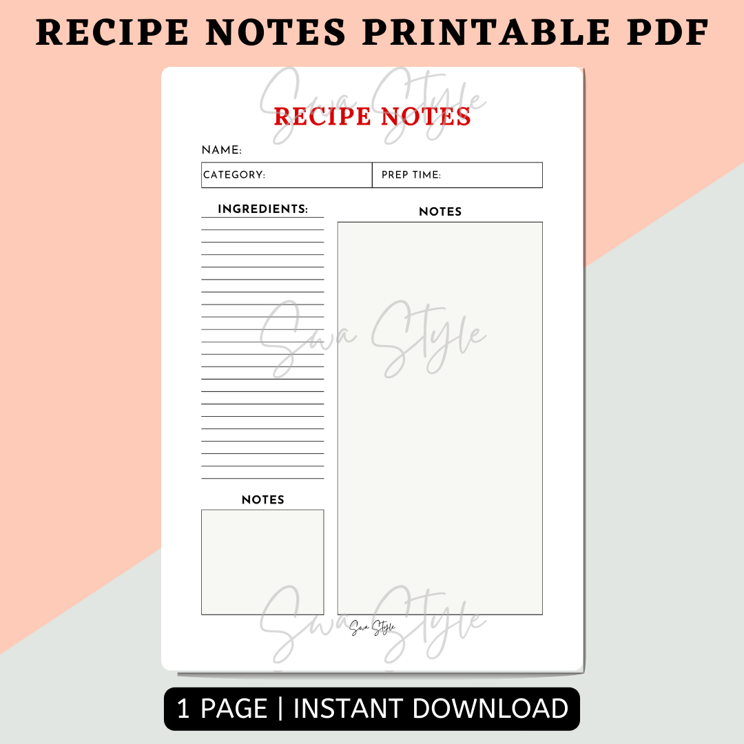 Recipe Notes Printable PDF (A4 Size)