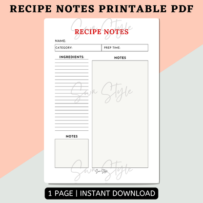 Recipe Notes Printable PDF (A4 Size)