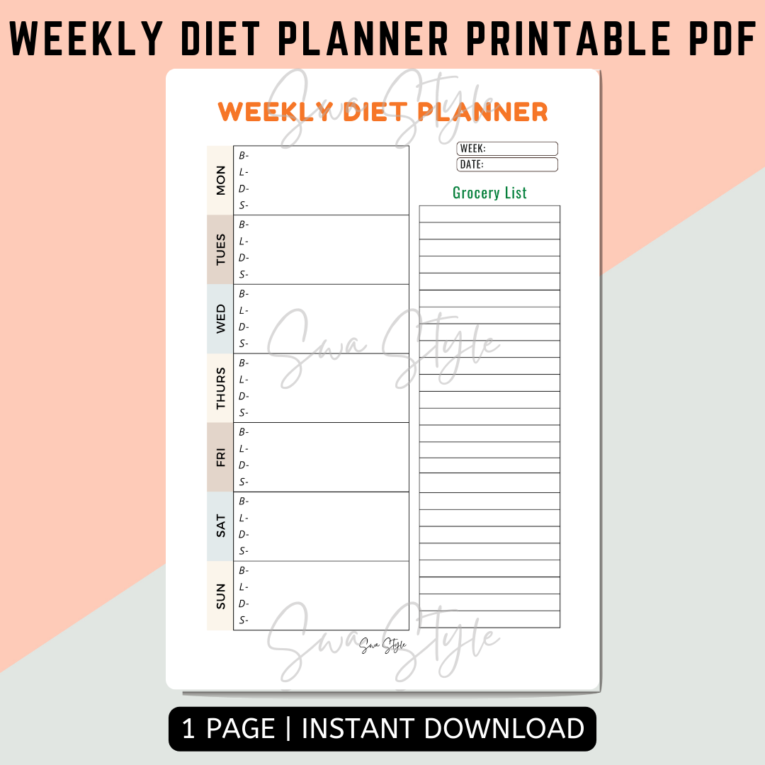 Weekly Diet Planner Printable PDF (A4 Size)