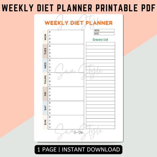 Weekly Diet Planner Printable PDF (A4 Size)