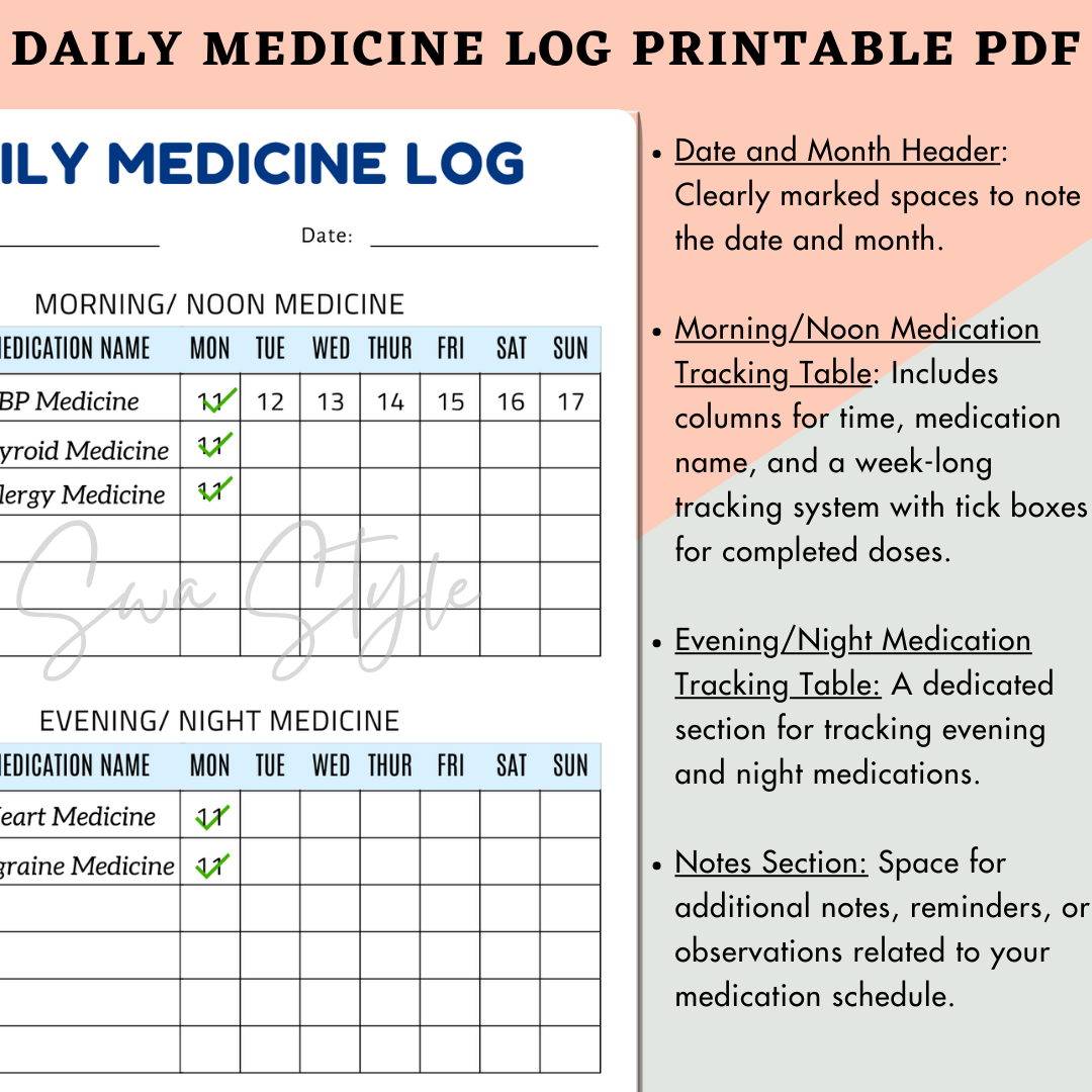 Daily Medicine Log Printable PDF (A4 Size)