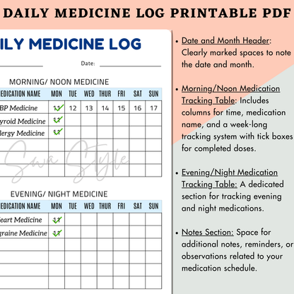 Daily Medicine Log Printable PDF (A4 Size)