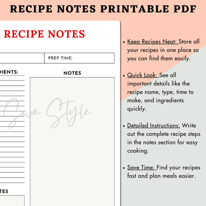 Recipe Notes Printable PDF (A4 Size)